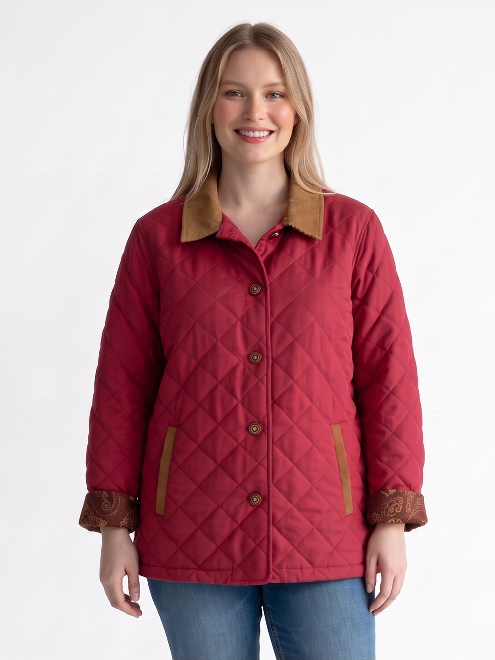 Orvis Quilted Barn Chore Jacket Red Faux Suede Collar Paisley Lined